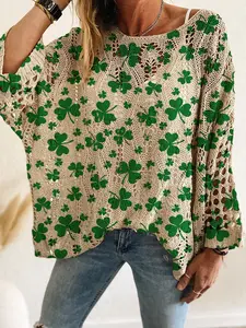 Women's Casual Knit Top, Clover Print Long Sleeve, V Neck Hollow Out Design, Loose Fit, Spring Summer Fashion