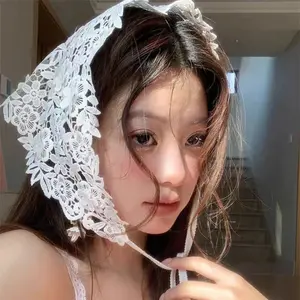 Summer Thin Dopamine Hollow Out Triangle Headscarf, Floral Lace Solid Color Headband, Chic Beach Girl Style Lightweight Headwear, Elegant Breathable Hair Accessory for Seaside Vacation Daily Casual Styling