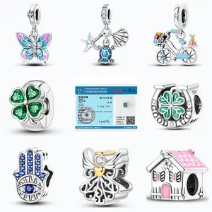 Real 925 Sterling Silver Original Blue Eyes Charm Zircon Lucky Clover Angel Turtle Charms Fit Bracelet DIY Jewelry Wedding Gift
