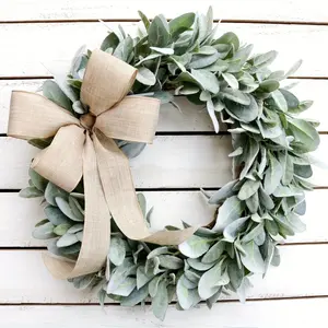 Artificial Lamb's Ear Wreath, 1 Count Farmhouse Christmas Round Wreath, Spring Winter Wedding Hanging Decoration, Party Decoration for Front Door Wall, Home Decor Ornament