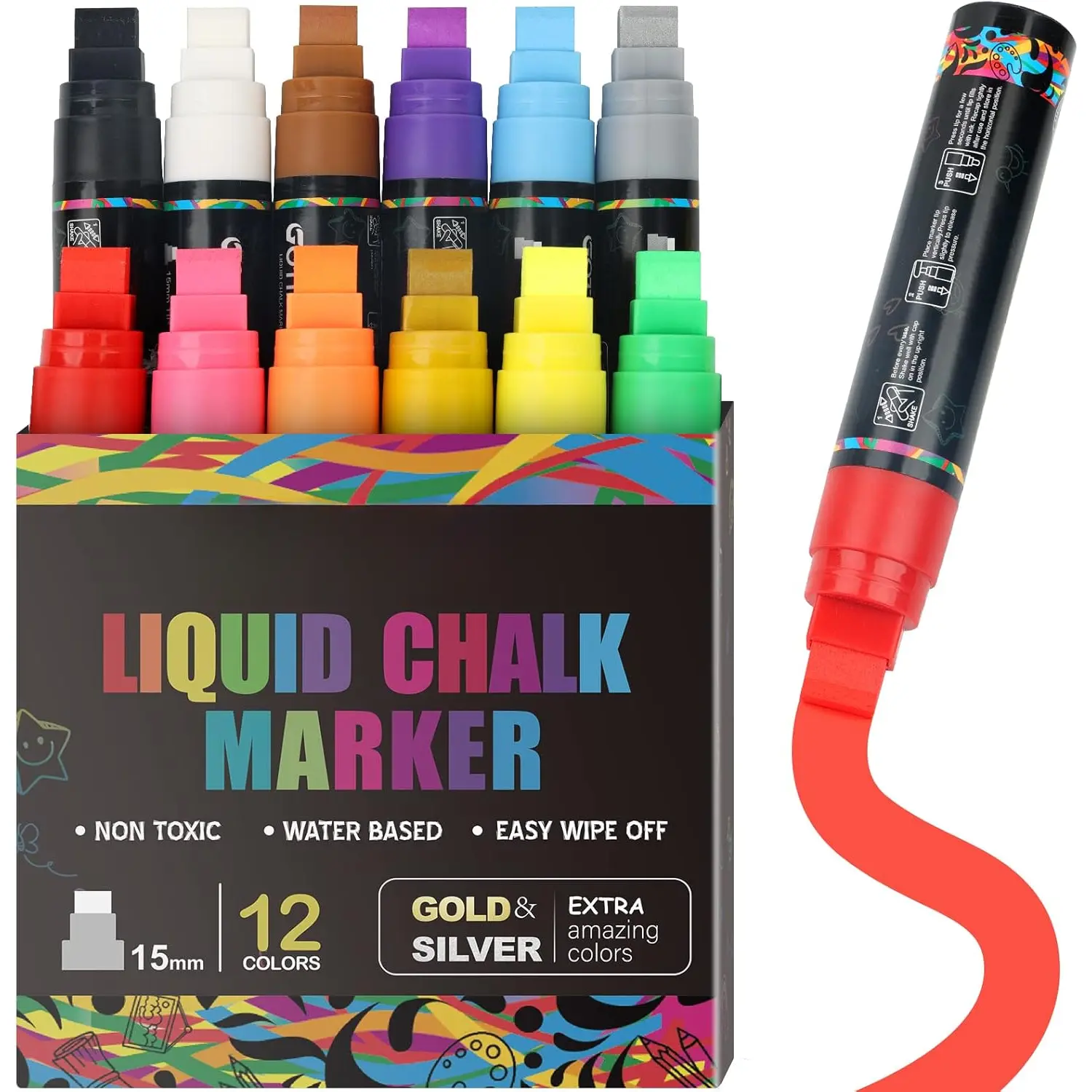 Window Markers,  Chalk Markers for Blackboard, Washable  markers for Chalkboard Auto Glass Mirrow,15mm Thick Tip12 Colors With Metallic Colors Erasable