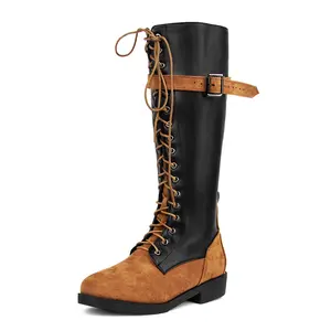 Knee High Boots for Women Combat Riding Boots Low Heel Gothic Motorcycle Boot Flats Long Shoes