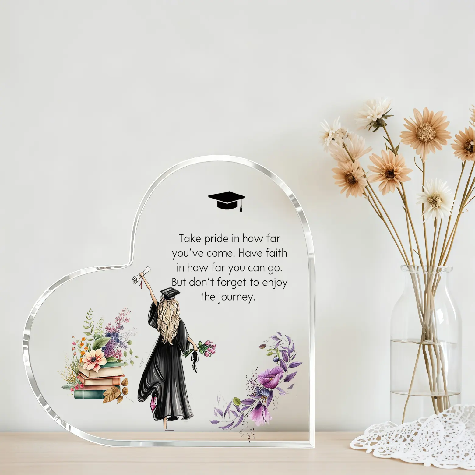 Acrylic Heart Shape Graduation Plaque - Blonde Girl Graduate Design, Floral Book Motif, Tabletop Room Decor Sign, Inspirational Milestone Gift for Adult Her, Bedroom Decor (Graduation, Birthday), Flowers, Floral Accents