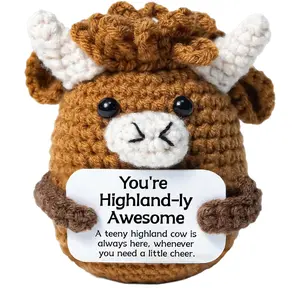 Emotional Support Highland Cow Cute Crochet Desk Decor, Mini Funny Adorable Stuffed Highland Cow Figurine, Positive Crochet Animal Ornament for Women & Coworkers, Heartwarming Cheer Up Gifts & Lovely Desktop Decor to Boost Mood Daily