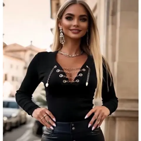 Women's Polyester Knit V-Neck Longsleeve Top with Cross Chain Detail - Stretchy Solid Casual Business Top for Spandex-Blend Comfort, Spring/Fall Layering, Curvy Women's Swimwear & Surfwear Use