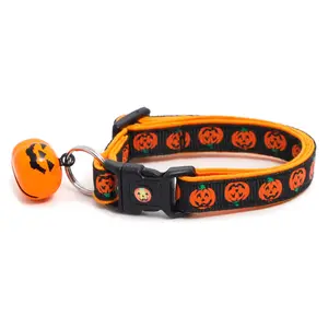 Alternating Jack-O-Lanterns on Black Safety Breakaway Halloween Cat Collar Handmade by Pugs2Persians with Matching Jingle Bell & Charm