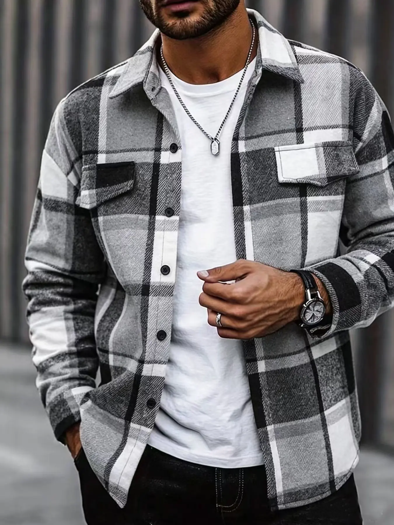 Men's Plaid Checked Shirt Jacket, Open Front Cardigan Coat, Casual Loose Fit Fashion Outerwear, Long Sleeve Button-Up Design, Perfect for Fall & Winter, Menswear