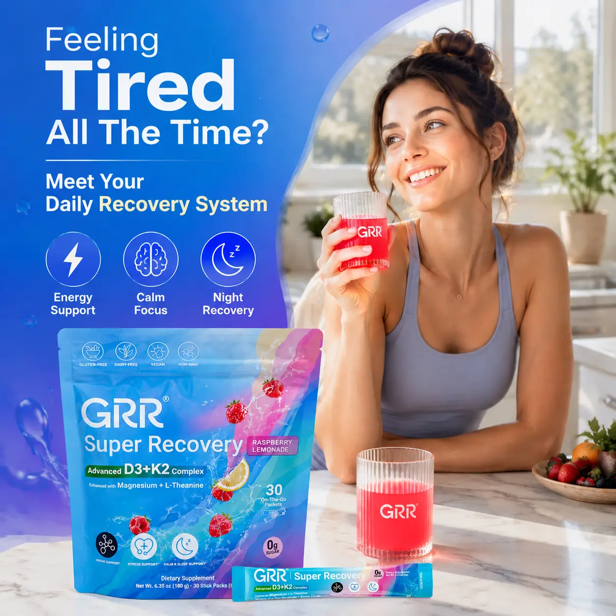 GRR Super Recovery Drink | Daily Stress Support + Calm Energy Formula with Magnesium Glycinate, L-Theanine & Vitamin D3+K2 | Zero Sugar Stick Packs