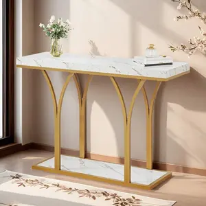 Faux Marble End Table Narrow Sofa Side Accent Table Nightstand Bedside Table Small LED Coffee Accent Table For Living Room, Bedroom White&Gold