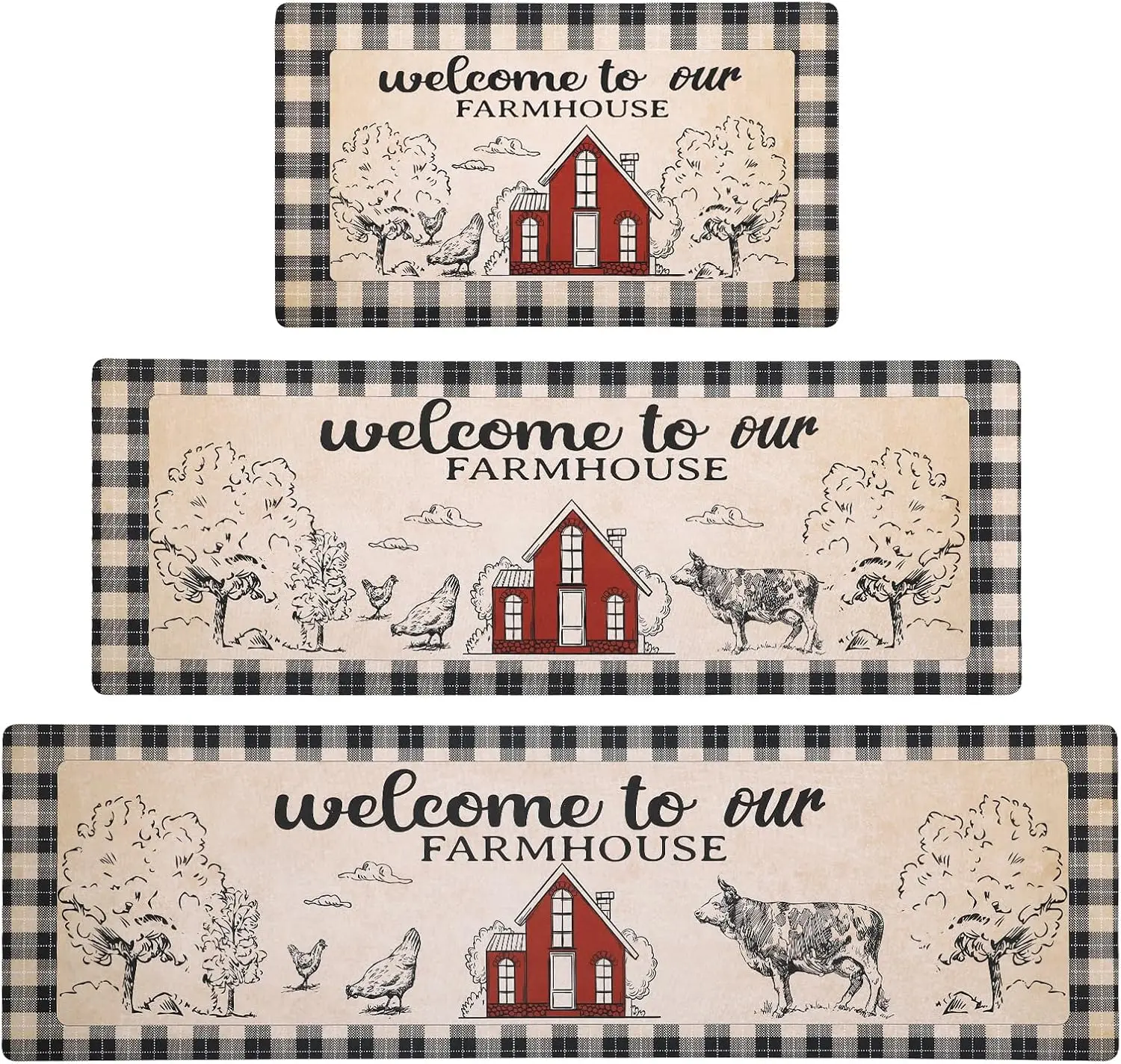 Farm Kitchen Mats for Floor 3 Pieces Set, Non Slip Cushioned Runners Waterproof Comfort Kitchen Rugs and Mats Farmhouse Chef Mat Carpet for Sink,Laundry Room