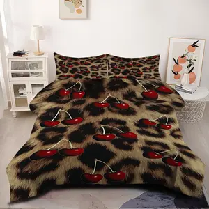2/3Pcs Leopard Print Comforter Set with Cherry Accent, Trendy Fuzzy Fur Bedding Set, Soft and Cozy Bedroom Decor, Perfect for Stylish Home Makeover and Retro Vibe,1 or 2 Pillowcase No Pillow Core
