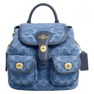 COACH Hadley 23 Classic Logo Drawstring Twist-Lock Backpack – Women’s Medium Fabric and Suede Blend – Indigo Blue