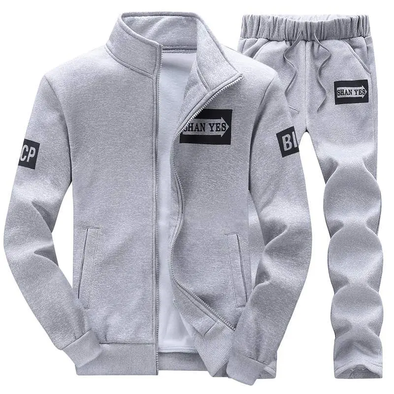 Men's Spring Autumn Trendy Printed Zipper Jacket with Lapel Sports Casual Two-Piece Suit Including Stand Collar Fleece Jacket and Sports Trousers