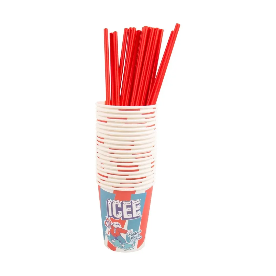 ICEE Officially Licensed 20-Pack Paper Slushie Cups & Straws – 9 oz Disposable Frozen Drink Cups with Red Cardboard Straws for Parties, Home, and ICEE Machines