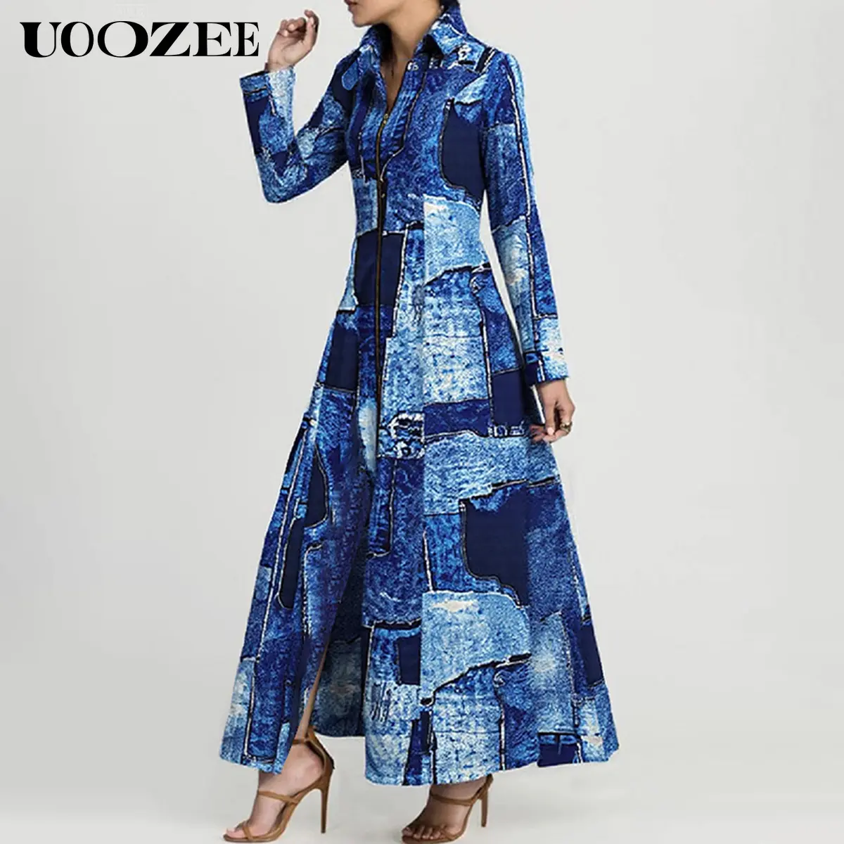 UOOZEE Women's Casual Breathable Patchwork Print Collared Long-Sleeve Maxi Shirt Dress - A-Line Slim Fit Polyester with Pockets, Ready-to-Wear for Office, Bust & Shoulder Areas Slightly Smaller