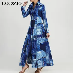 UOOZEE 2025 Women's Polyester Collared Maxi Shirt Dress - Slim Fit, Slight Stretch, Patchwork Print, Pockets, Long Zippered Sleeves, A-Line, Breathable Outfits - Ideal for Casual Wear, Office (C-Cup+ Ladies Order 1 Size Up)