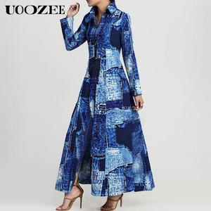 UOOZEE Ladies' Polyester Long-Sleeve Collared Slim A-Line Maxi Shirt Dress - Slight-Stretch, Patchwork Print, Pockets, Zipper, Breathable, Comfortable - 2025 Autumn-Spring Fashion, Casual Wear for Daily, Office (C-Cup Order 1 Size Up)