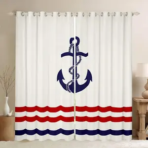 Anchor Decor White Red Blue Curtains,Nautical Themed Stripes 30%-50% Blackout Curtains,Ocean Darkening Drapes,Nautical Window Treatments