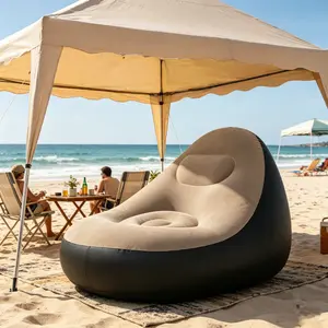 1pc Portable Brown Inflatable Lounge Chair with Footrest, Flocked Soft Surface, Foldable Single Recliner Sofa for Home Bedroom Balcony Living Room Camping Outdoor Leisure
