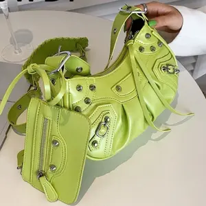 Creative Fashion Crease Design Rivet Decorative Solid Color PU Shoulder Bag with Adjustable Strap and Unique Rivet Detailing