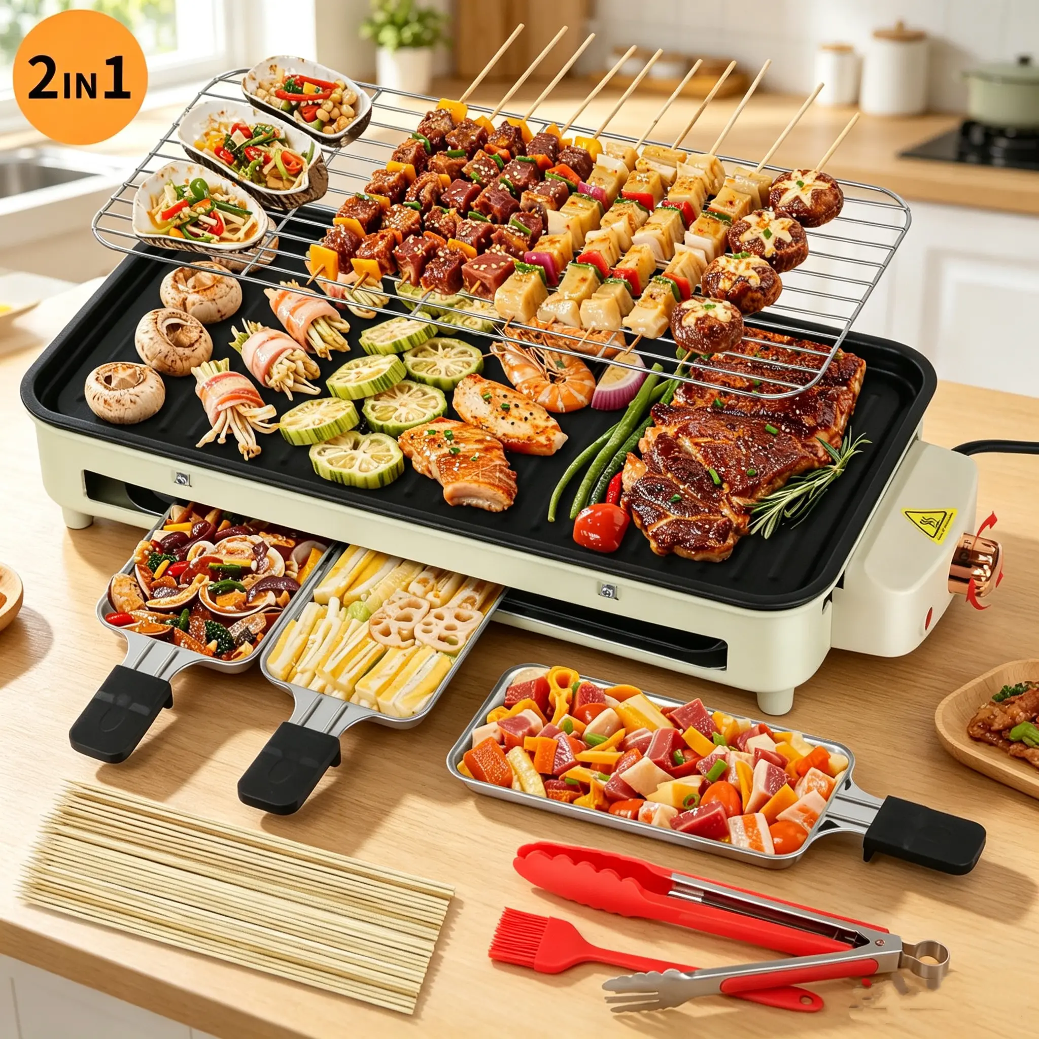 TOIAMOI 1500w electric indoor grill with removable non-stick plate, smokeless kitchen grill, dishwasher-safe, temperature control(beige)