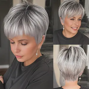 6 Inch Short Straight Silvery Gray Human Hair Wig, 150% Density Brazilian Remy Hair, Full Machine Made Rose Net Cap, Soft Natural Chic Pixie Wig for Women Daily Wear