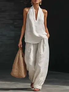 Title Coastal Halter Neck Two Piece Set V Neck Tank Top and Wide Leg Flowy Pants
