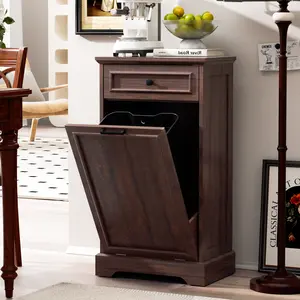 【Does Not Include Trash Can】Spurgehom 13 Gallon Tilt Out Trash Can Cabinet with Hidden Kitchen Waste Bins, Freestanding Recycling Trash Cabinet with Drawer, Pet Proof Trash Can for Kitchen and Living Room