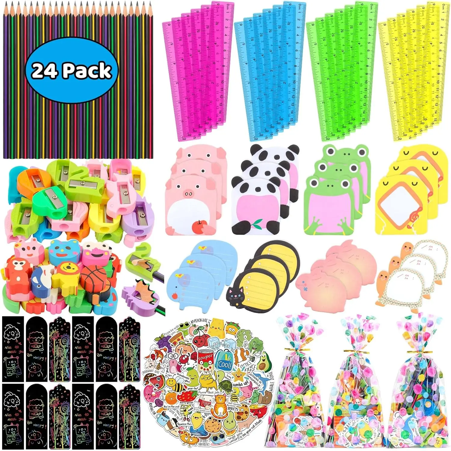 24-Pack Creative Assorted Birthday Goodie Bags with Non-Toxic School Set (Pencils, Rulers, Erasers) - Festive Party Supplies for Event Giveaways, Student Rewards That Inspires Creativity, Elementary School