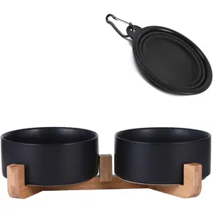 Ceramic   Bowls Set with Stand,Black  and Water Bowl,Small  Bowls Cute Modern Anti Slip Set of 2 Pet Feeder Small Size Pet Dish(13.5OZ/5.1 in)