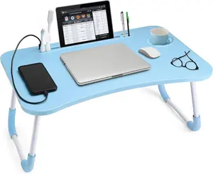 Lap Desk with Cup Holder, Foldable Laptop Table for Bed, Portable Bed Desk for Laptop and Writing, Computer Tray with Tablet Slot, Notebook Stand Reading Holder for Couch Sofa Floor,Blue