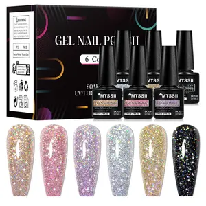 MTSSII Colorful Sequins Reflective Gel Nail Polish Set, 6pcs Glitter Silver and Black Gel Polish, Sparkly Nail Art Gel Varnish, Color Painting Gel, Home Manicure Nail Art Salon DIY
