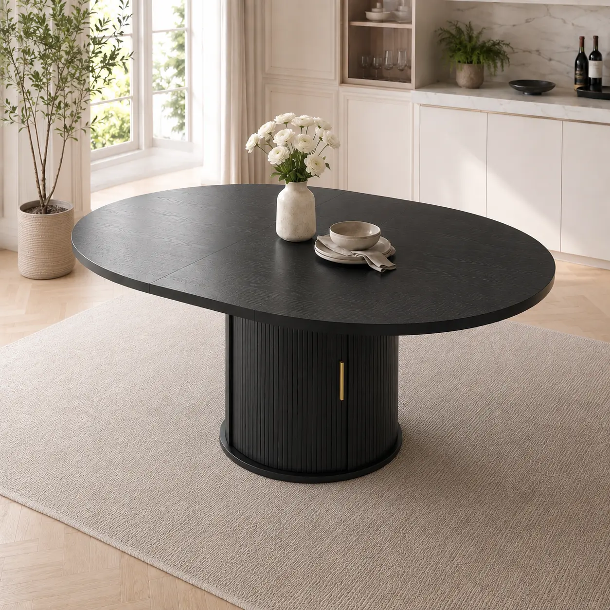 【Extendable】DHH 46.9-62.2 Inch Round-to-Oval Dining Table with Fluted Storage Pedestal and Sliding Tambour Door, Seats 6-8