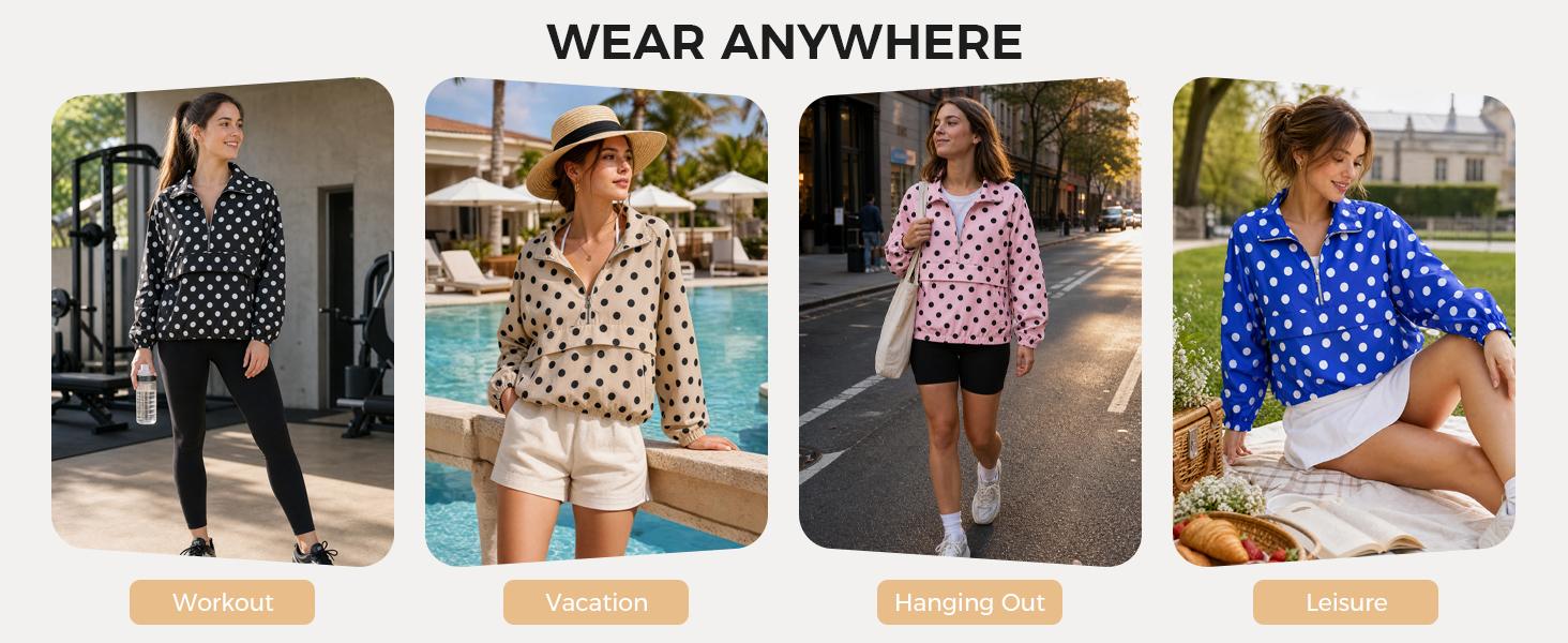 Fisoew Womens Polka Dot Quarter Zip Pullover UPF 50+ Windbreaker Jacket | Stand-Up Collar, Pocket, Oversized, Lightweight, Running, Hiking, Shirts