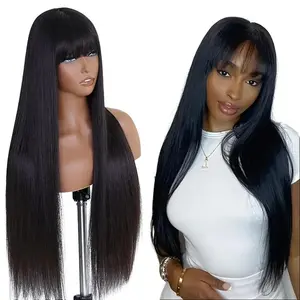 Straight Long Hair Wig with Bangs Natural Black Synthetic Wig for Women 32inch Glueless Machine-Woven Elegant Style with Center Part and Natural Appearance
