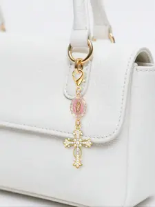 Christian Charm Keychain With Religious Cross,Pearl And Diamonds Talisman - Cross Keychain,Bag Charm,Cross Pendant,Decorative Wallet Backpack Accessories, Earphone Bag Accessories, Ring Buckle Decorative Keychain For Luggage And Cars