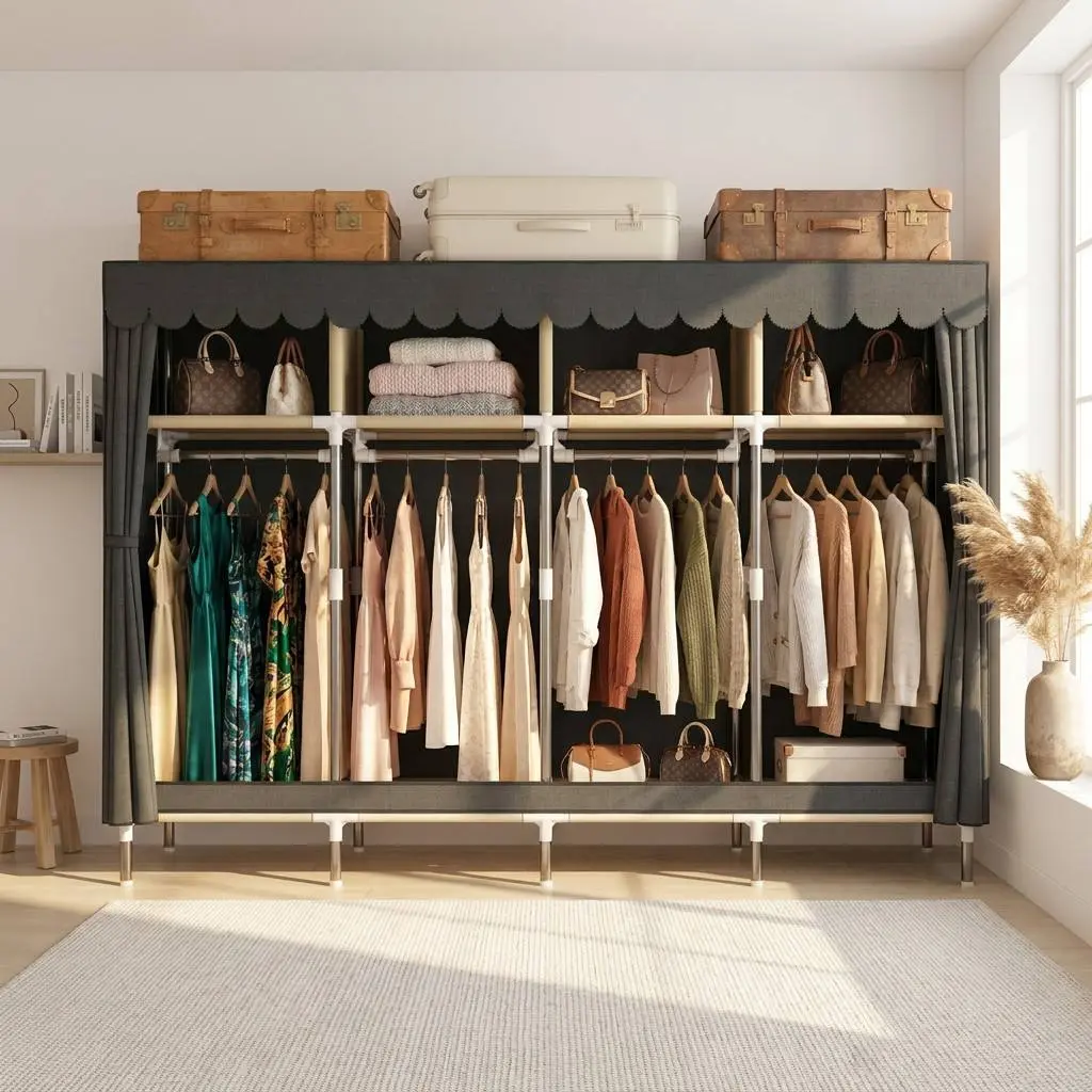 Portable Closet, Wide Freestanding Dustproof Clothes Wardrobe with 4 Hanging Rods & Top Storage Rack, Sturdy Steel Frame Large Clothing Closet for Bedroom, Small Space, Student Dormitory