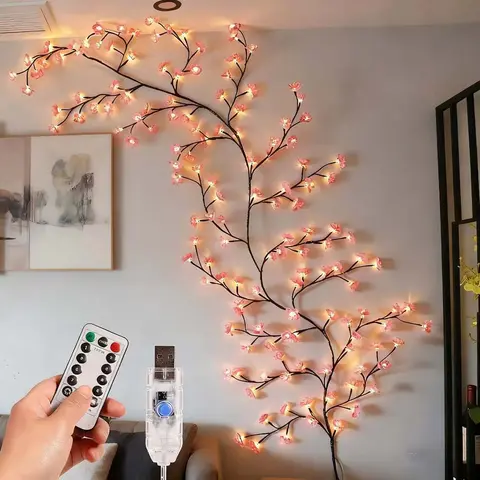 Pink Cherry Blossom Branch LED String Lights, 1.8m 96-Mantle-Ready Blooms USB-Powered with Remote, Cherry-Blossom Glow Party & LED Light Entertainment Decor for Indoor Living Room Apartment Christmas Accents