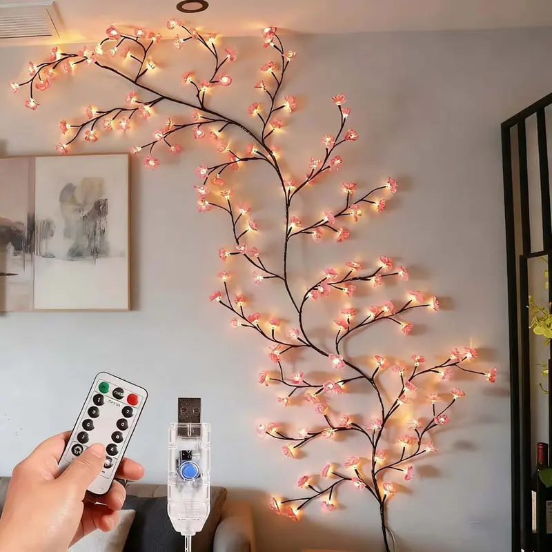 Pink Cherry Blossom Branch LED String Lights, 1.8m 96-Mantle-Ready Blooms USB-Powered with Remote, Cherry-Blossom Glow Party & LED Light Entertainment Decor for Indoor Living Room Apartment Christmas Accents