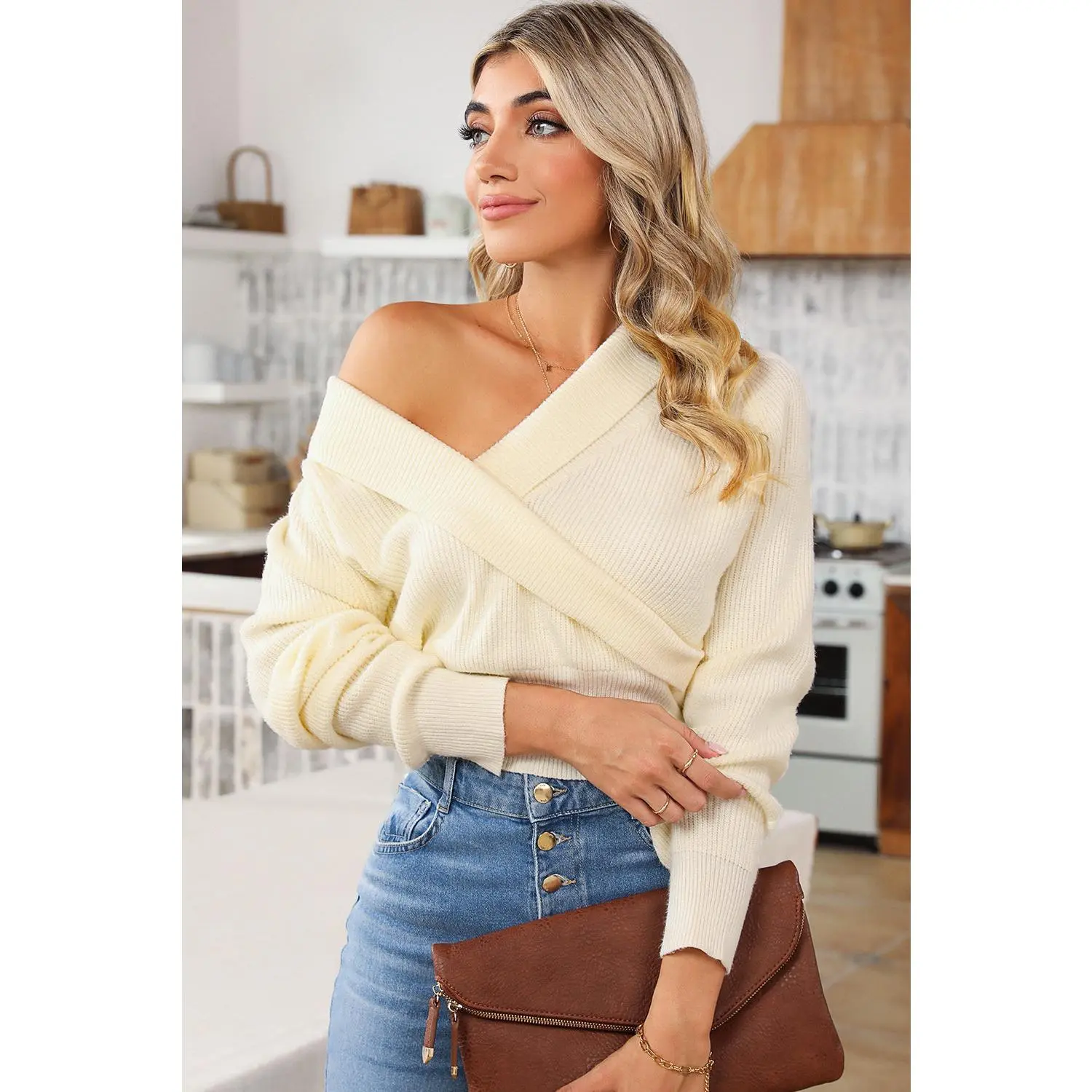 Beige Ribbed Long Sleeve Surplice Crop Sweater