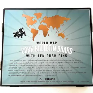World Map Cork Bulletin Board with Ten Push Pins