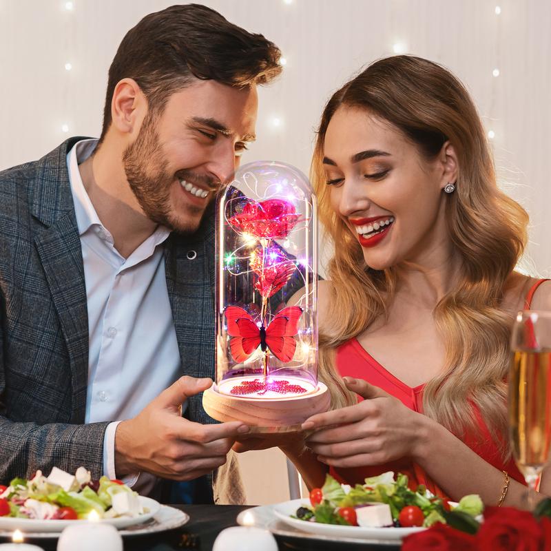 DEEMEI Birthday Gifts for Women Eternal Flower Light Up Galaxy Rose in Glass Dome with Butterfly Valentines Day Gifts for Her Mom Girlfriend Daughter