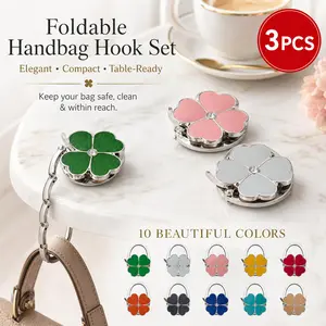 3/1 Pcs Portable Foldable Purse Holder, clover decor table handbag hanger. Lightweight travel bag hook, durable and compact, universal design for indoor outdoor daily and travel use.