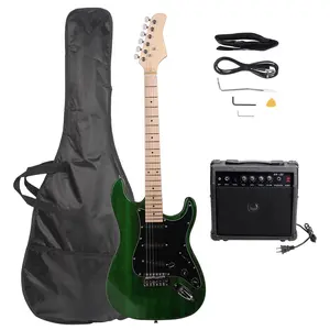 ST Stylish Electric Guitar Green Kit with Black Pickguard Basswood Body Maple Neck 22 Frets 6 Strings Includes Bag Strap Amplifier Musical Gift for Beginners Portable
