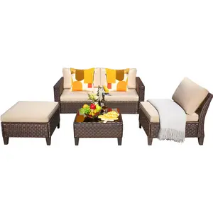 5 Pieces Outdoor Patio Furniture Sofa Set Wicker Rattan Sectional Sofa Sets with Ottoman