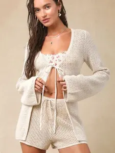 Antoine Cream Crochet Long Sleeve Beach Chic Tie Front Cover Up