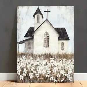 1 Piece Pudra Woven Field, Church and Christ Cross Print Canvas Wall Art - Wooden Frame Country Retro Minimalist Landscape Painting, White Wheat Ears and Church Tower, Beige Brown Gray Tone, Suitable for Home Decoration - Christmas Birthday