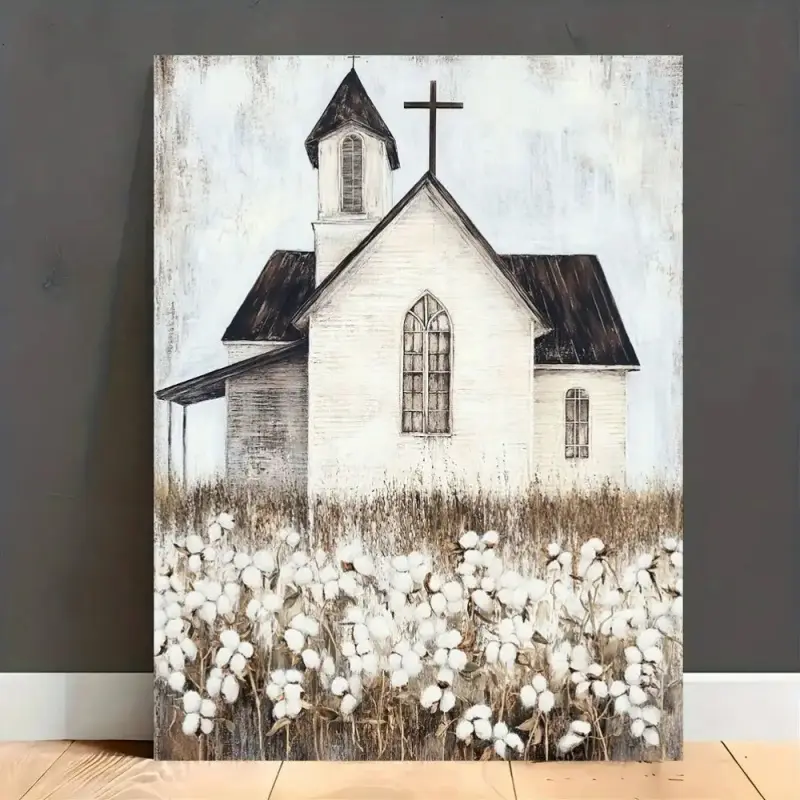 1 Piece  Church and Christ Cross Print Canvas Wall Art -   Country Retro Minimalist Landscape Painting, White Wheat Ears and Church Tower, Beige Brown Gray Tone, Suitable for Home Decoration - Christmas Birthday waterproof canvas wall art exquisite poster