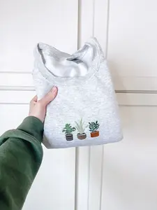 Trio Houseplant Embroidered Crewneck Sweatshirt, Garden Lover, Plant Mom, Cozy Loungewear