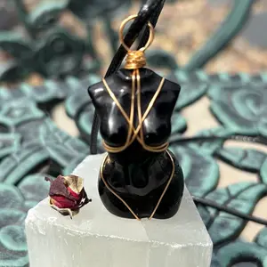 Obsidian Wire Wrapped Goddess Protection Pendant on Black Leather Cord Necklace Handcrafted with Copper Wire for Everyday Wear